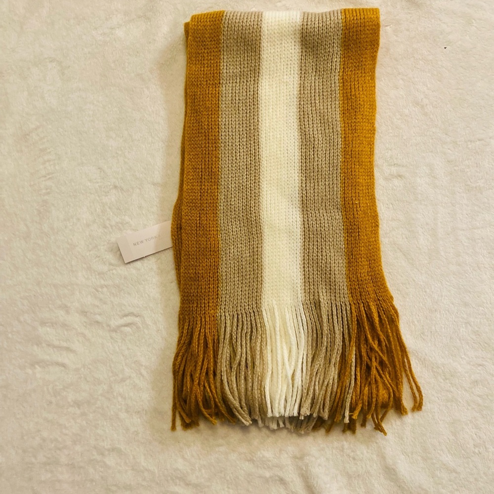 Scarf Striped with Tassels in Mustard, Brown, and Cream NWT